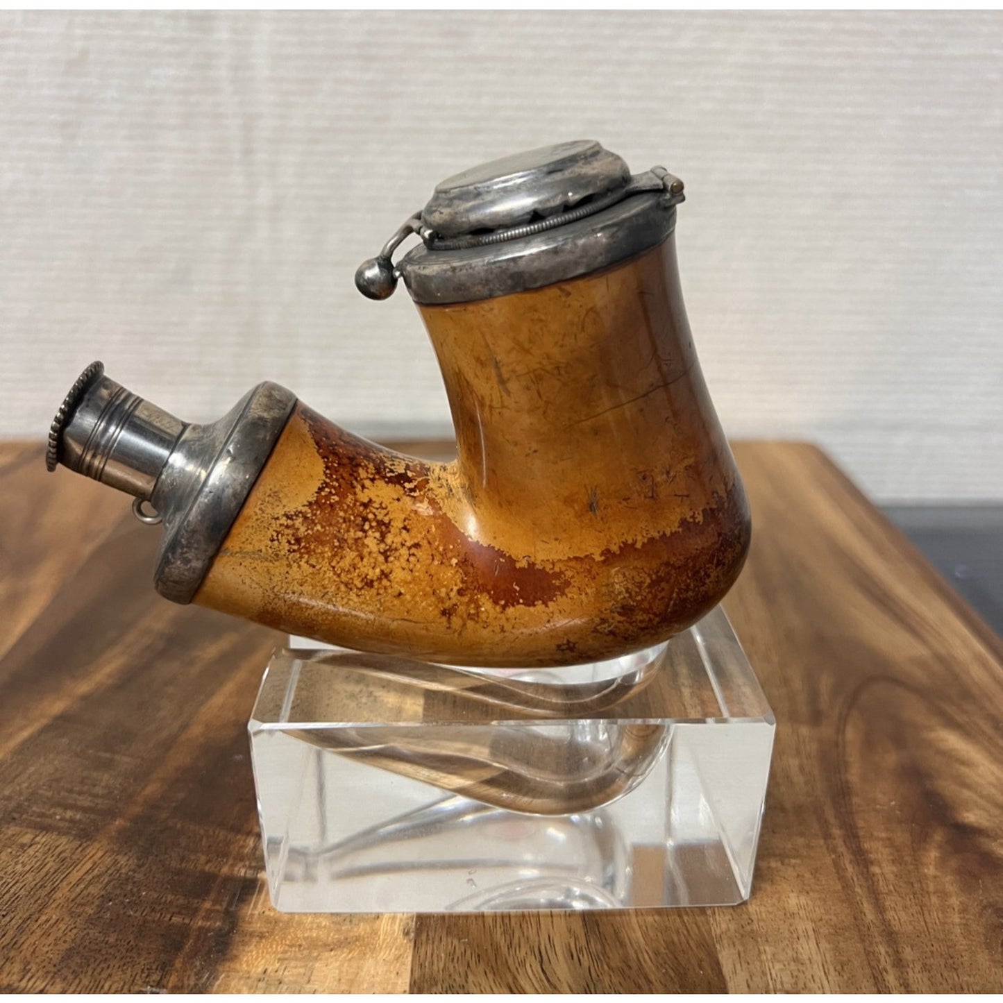 Antique Meerschaum Tobacco Pipe Stummel Silver Hinged Windcap Silver Shank Mount