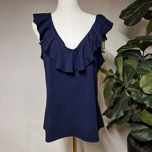 NWT Lilly Pulitzer (L) Alessa Ruffle Top Navy Blue Coastal Beach Lightweight