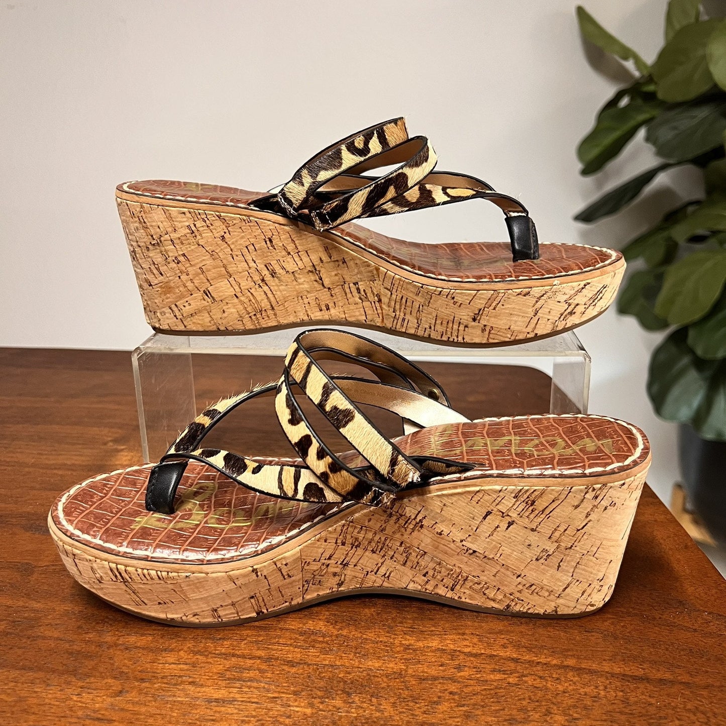 Sam Edelman 8M Leopard Print Cork Wedge Platform Thong Sandals Womens Leather