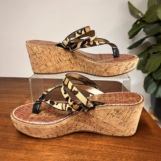 Sam Edelman 8M Leopard Print Cork Wedge Platform Thong Sandals Womens Leather