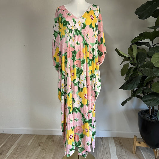 KATE SPADE Caftan Dress L/XL Painterly Petals Floral Muumuu Retro Vintage Mod