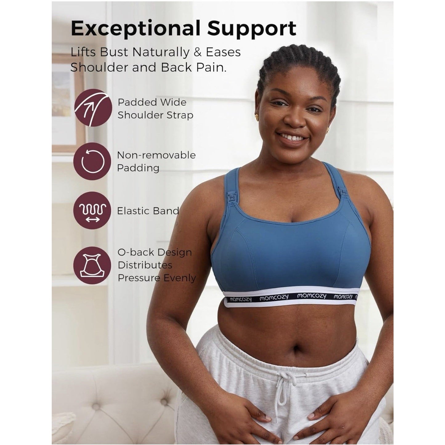 momcozy Nursing Sports Bra 2XL Plus Size 42DD/E Blue Wireless Padded Low Impact