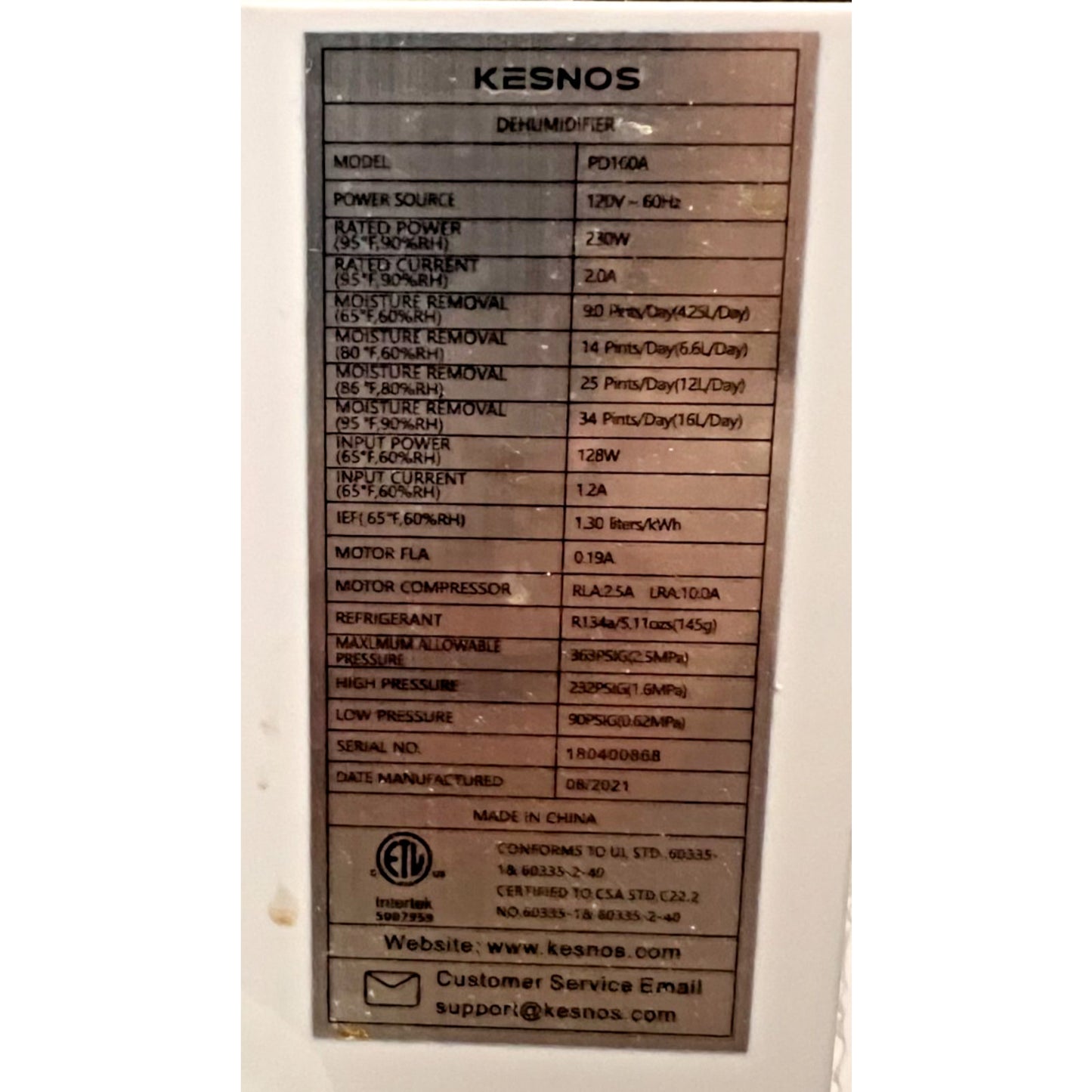 Kesnos Home / Office Dehumidifier Model # PD160A 2500sq ft 112cfm