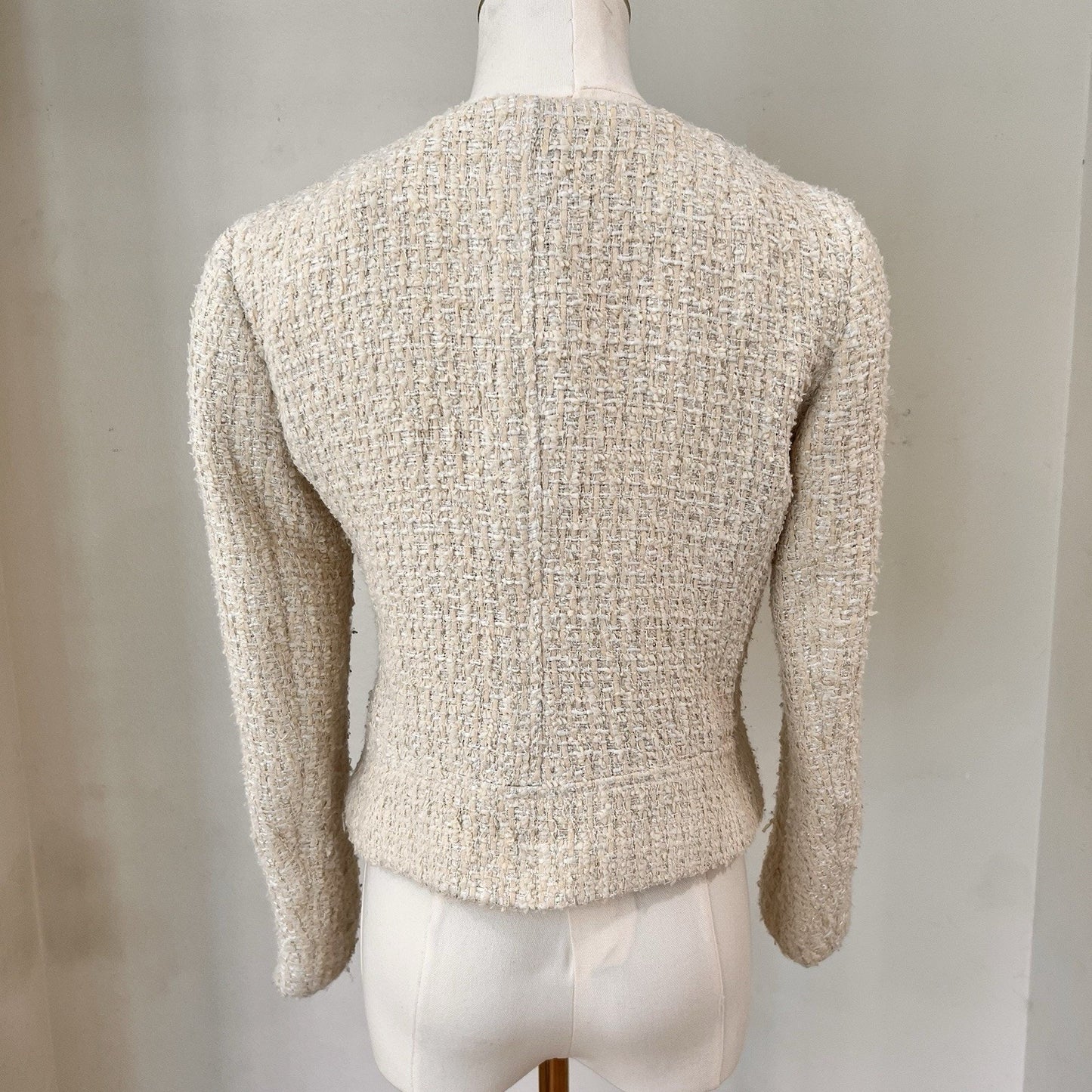 Brooks Brothers Cropped Blazer 6P Womens Tweed Collarless Ivory Metallic Thread