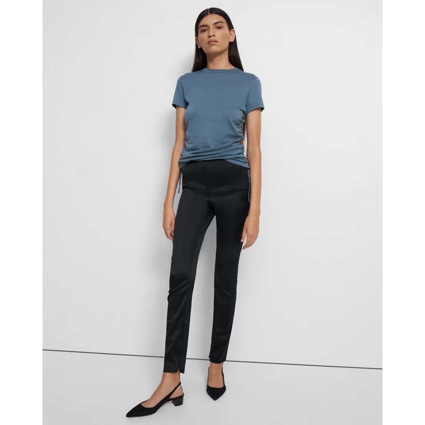 NWT $295 Theory Skinny Legging 4/27 Black Satin Stretch Pants Ankle Zip