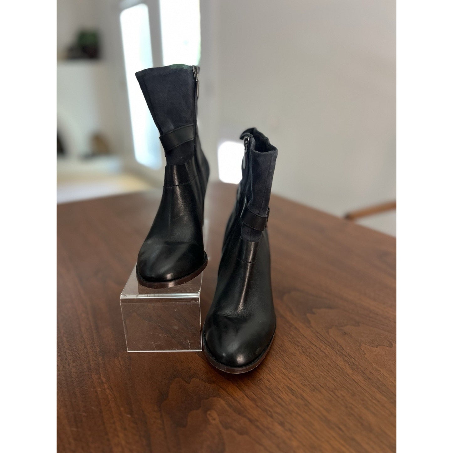 Clarks Kacia Garnet Black Suede and Leather Bootie With Buckle Detail. Size 5M