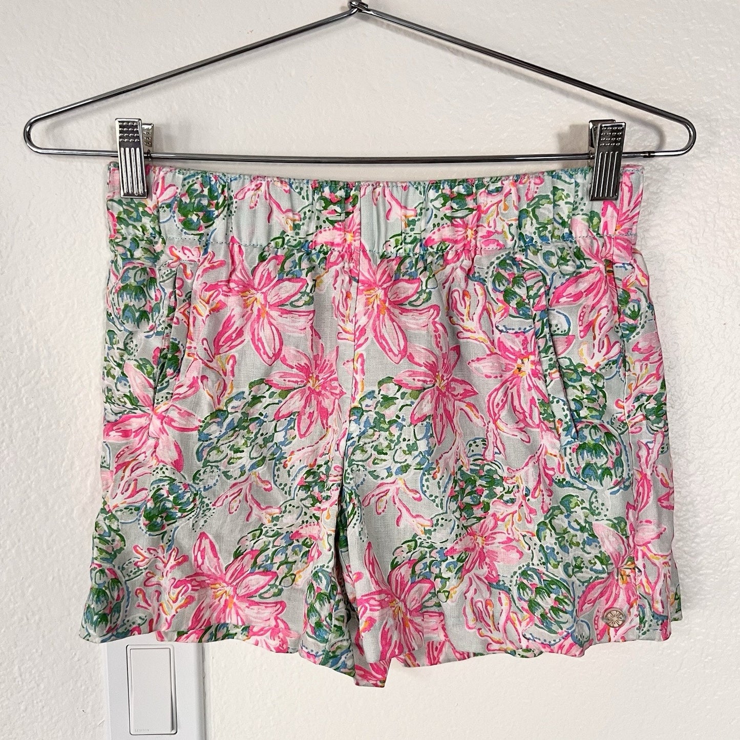 XXS Lilly Pulitzer Lilo Linen Shorts 2XS So Shellegant Floral Pull On 4" Inseam