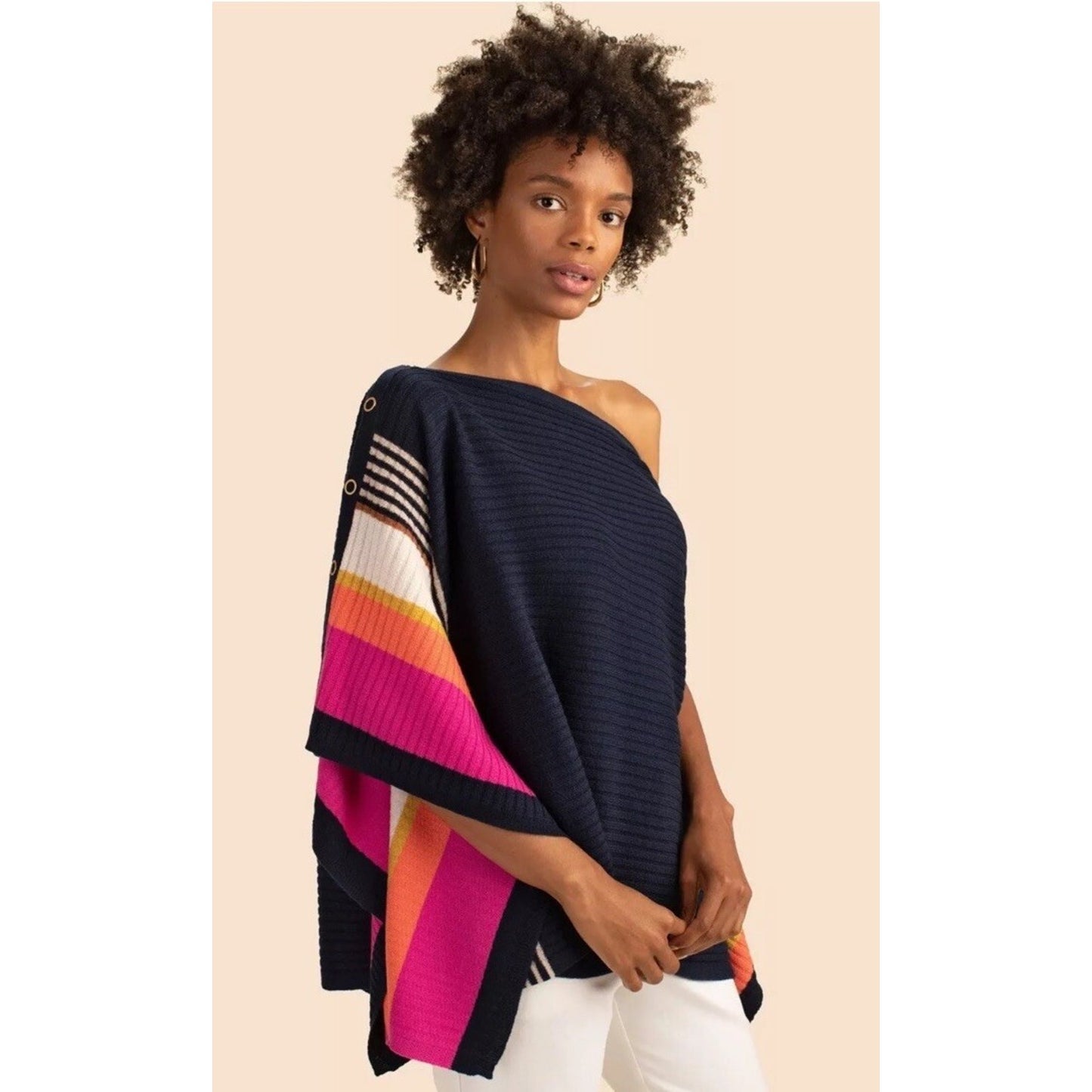 XS/S Trina Turk 100% Merino Wool Knit Poncho Off Shoulder Drape Sleeve Colorful
