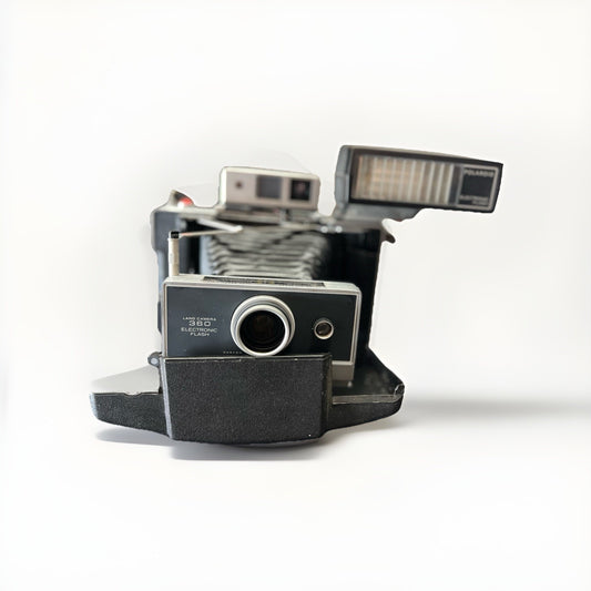 Vtg Polaroid 360 Land Camera w/ Electronic Timer, Flash, Hard Cover & Neck Strap