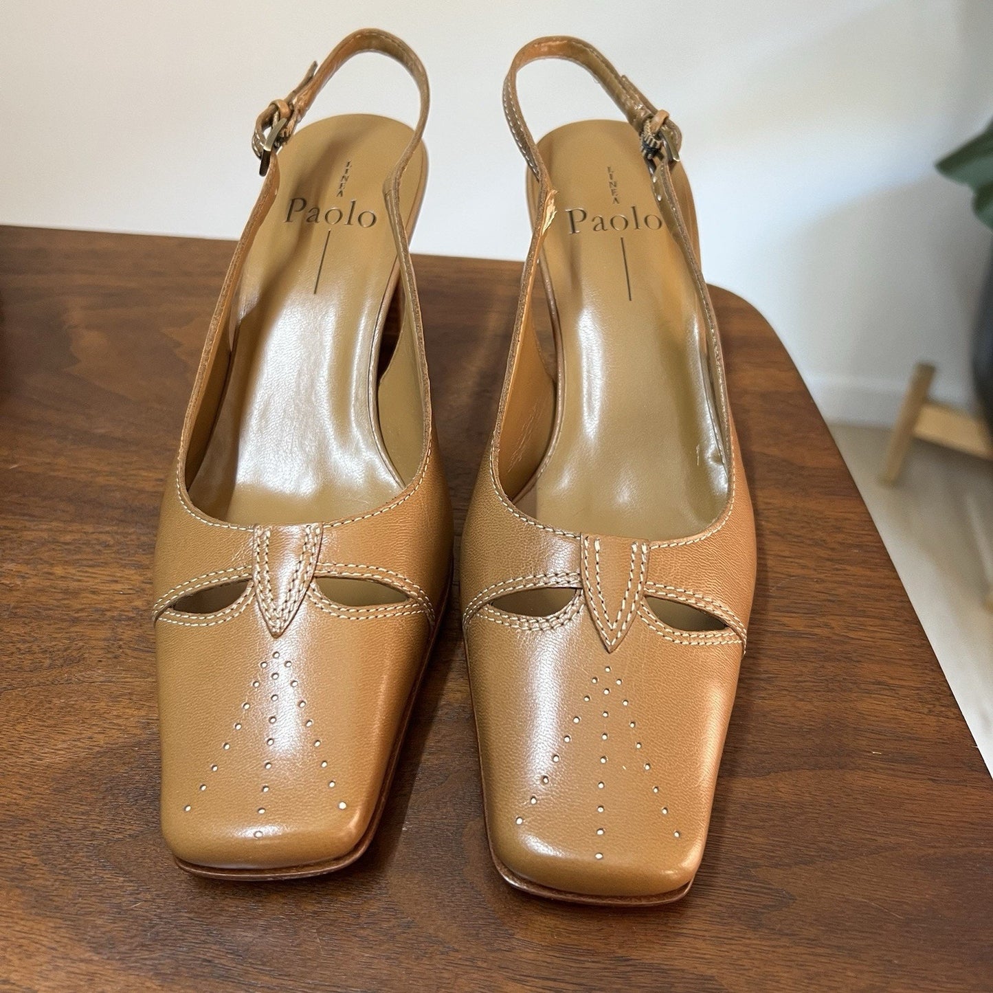 NEW Linea Paolo 7W Camel Slingback Mary Jane Square Toe Short Block Heel Retro