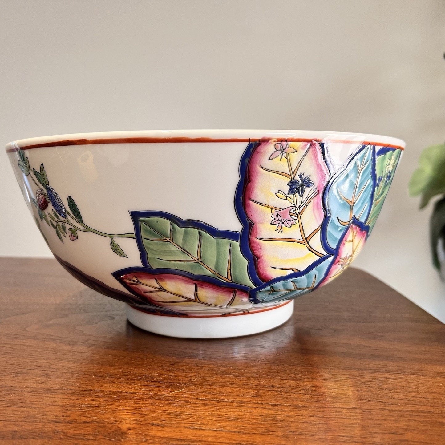 Chinese Export Tobacco Leaf Bowl 12x8” Chinoiserie Oriental Asian Hand Painted