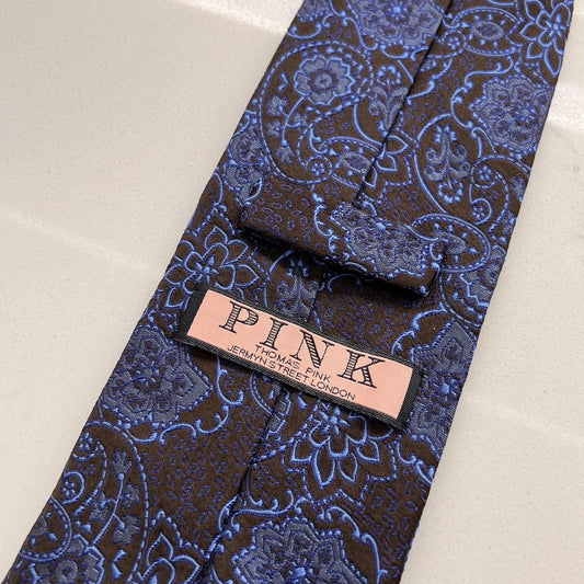 Thomas Pink 100% Silk Embroidered Designer Floral Paisley Tie Black Blue