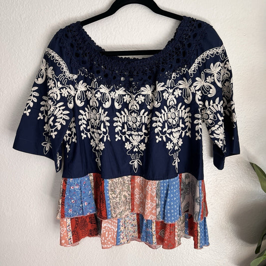 John Mark Top Tunic Shirt (S) Ruffle Boho Peasant Patchwork Eyelet Mixed Media