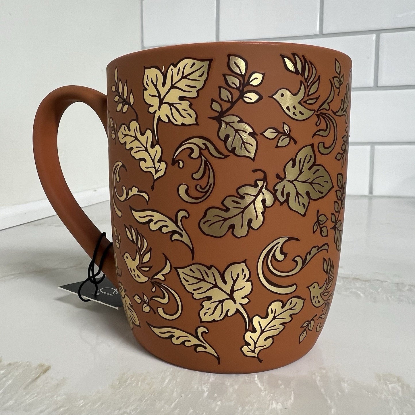 Dwell Studio Mug Soft Touch Terracotta Gold Leaf Birds Fall Farmhouse Autumn