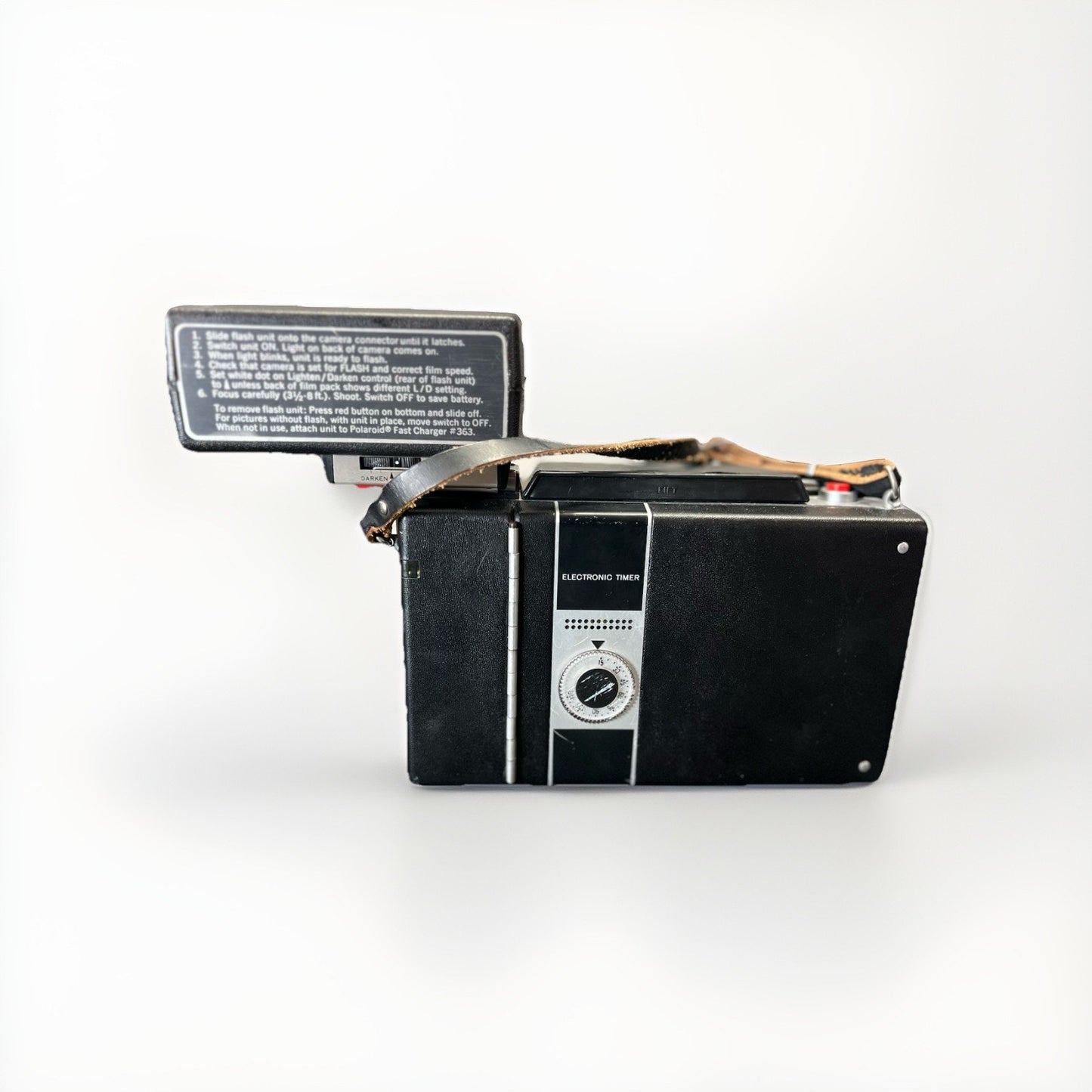 Vtg Polaroid 360 Land Camera w/ Electronic Timer, Flash, Hard Cover & Neck Strap
