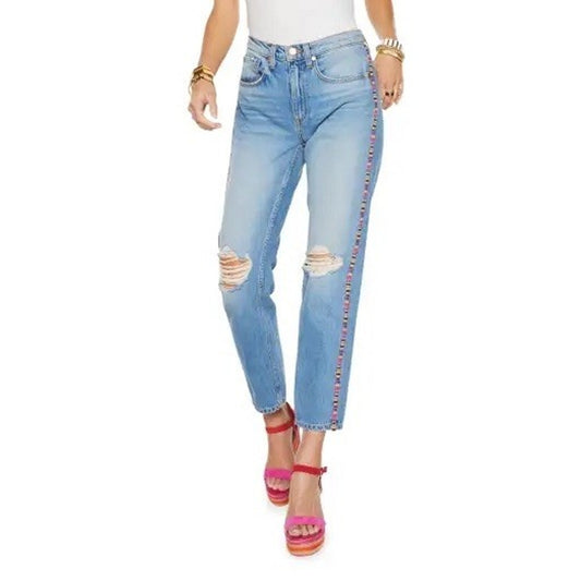 Ramy Brook Sz 26 Rosie Boyfriend Cropped Jean Mid-Rise Distressed Aztec Festival