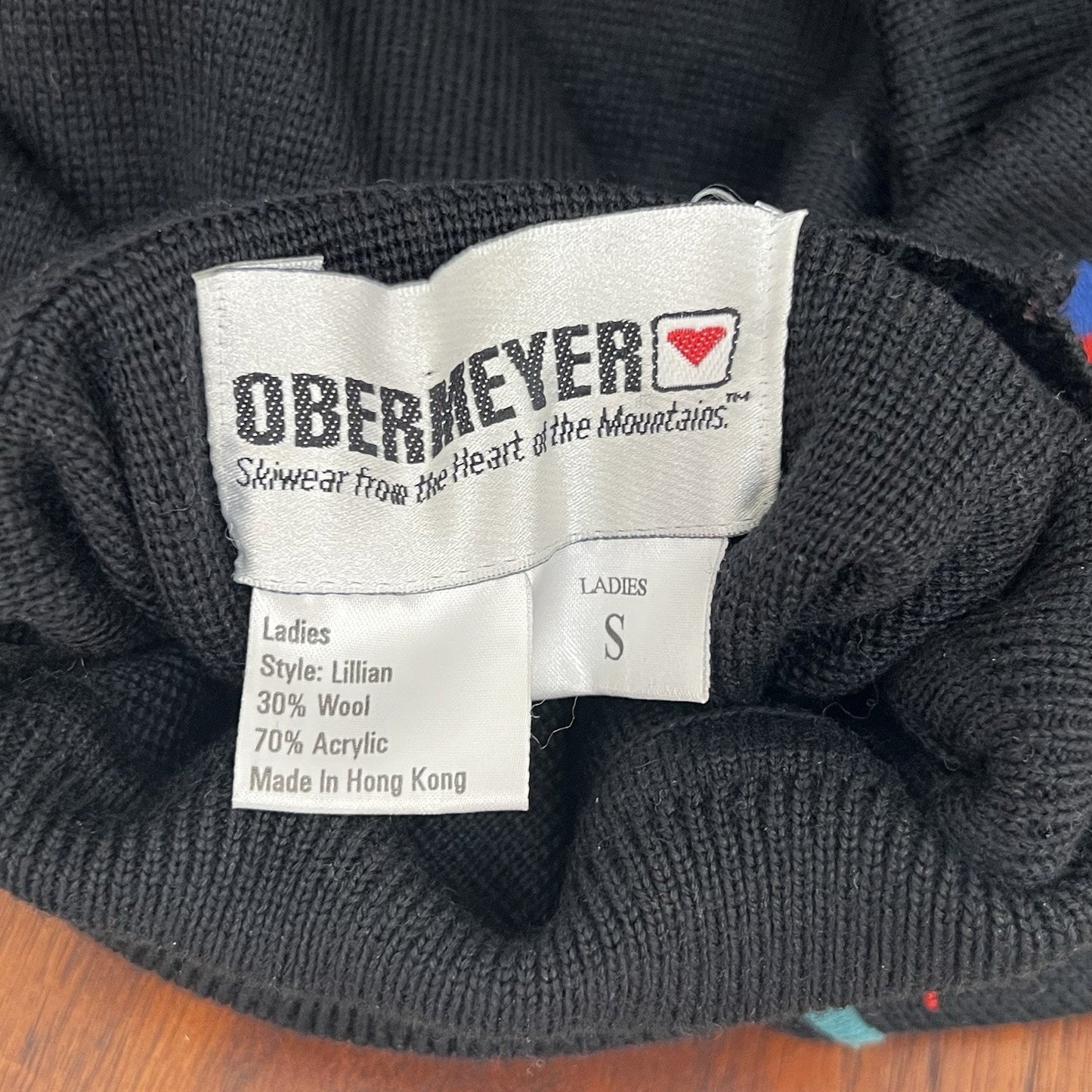 Vintage Obermeyer Sweater (S) Lillian Wool Blend Embroidered Nordic Flower Black