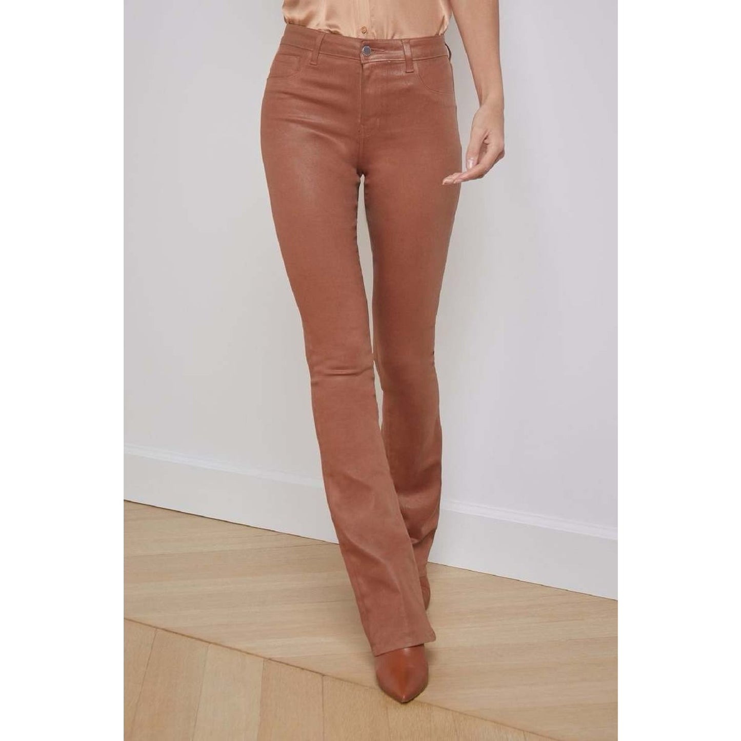L’Agence (25) Selma High Rise Baby Bootcut Coated Pants Fawn Leather Look Brown