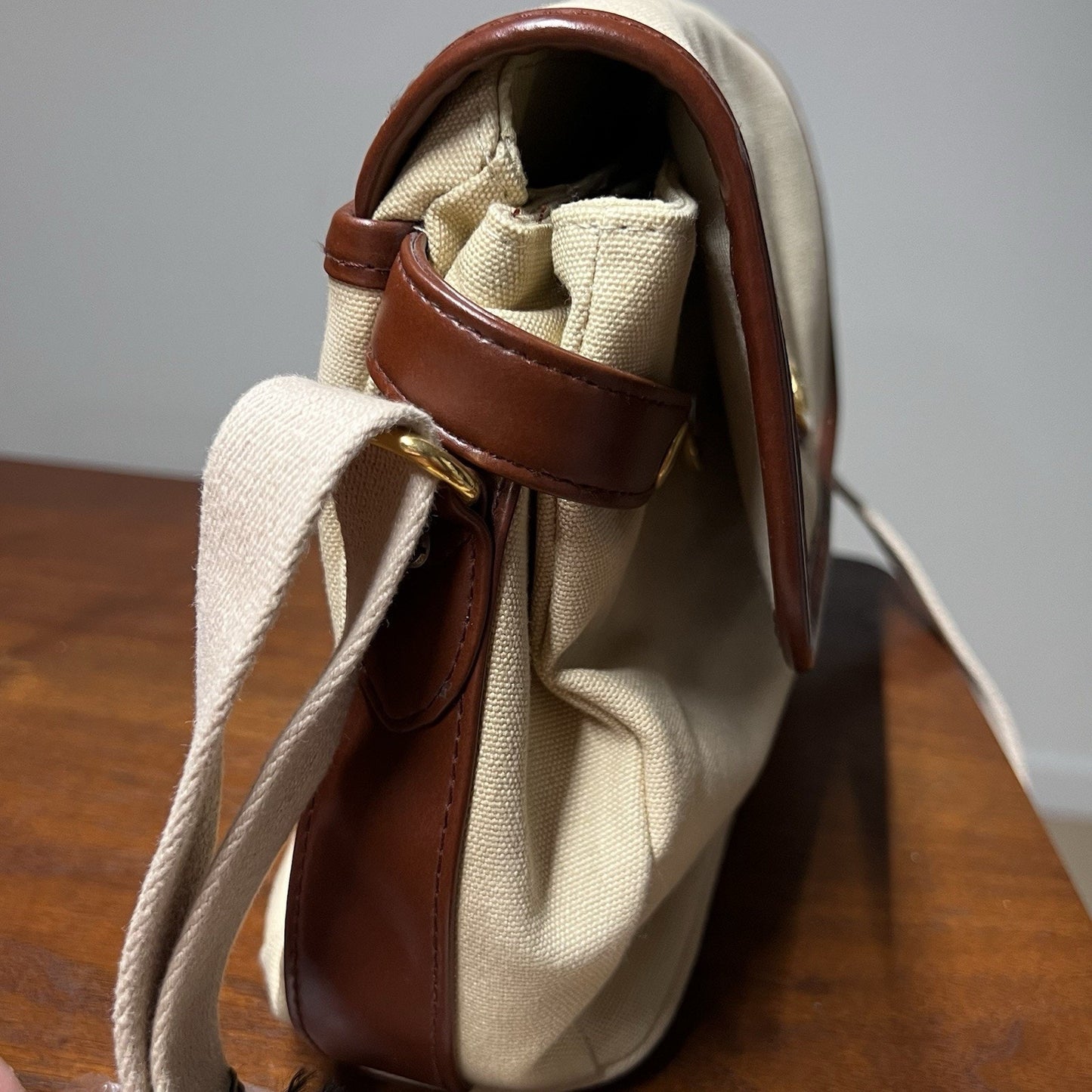 NWT Etienne Aigner Canvas Shoulder Bag Purse Tan Brown Leather Gold 9x10 Casual