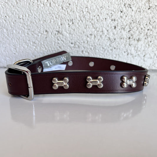 NWOT Top Paw (M) Bone Studded Brown Leather Puppy Dog Collar 14-18” Unisex