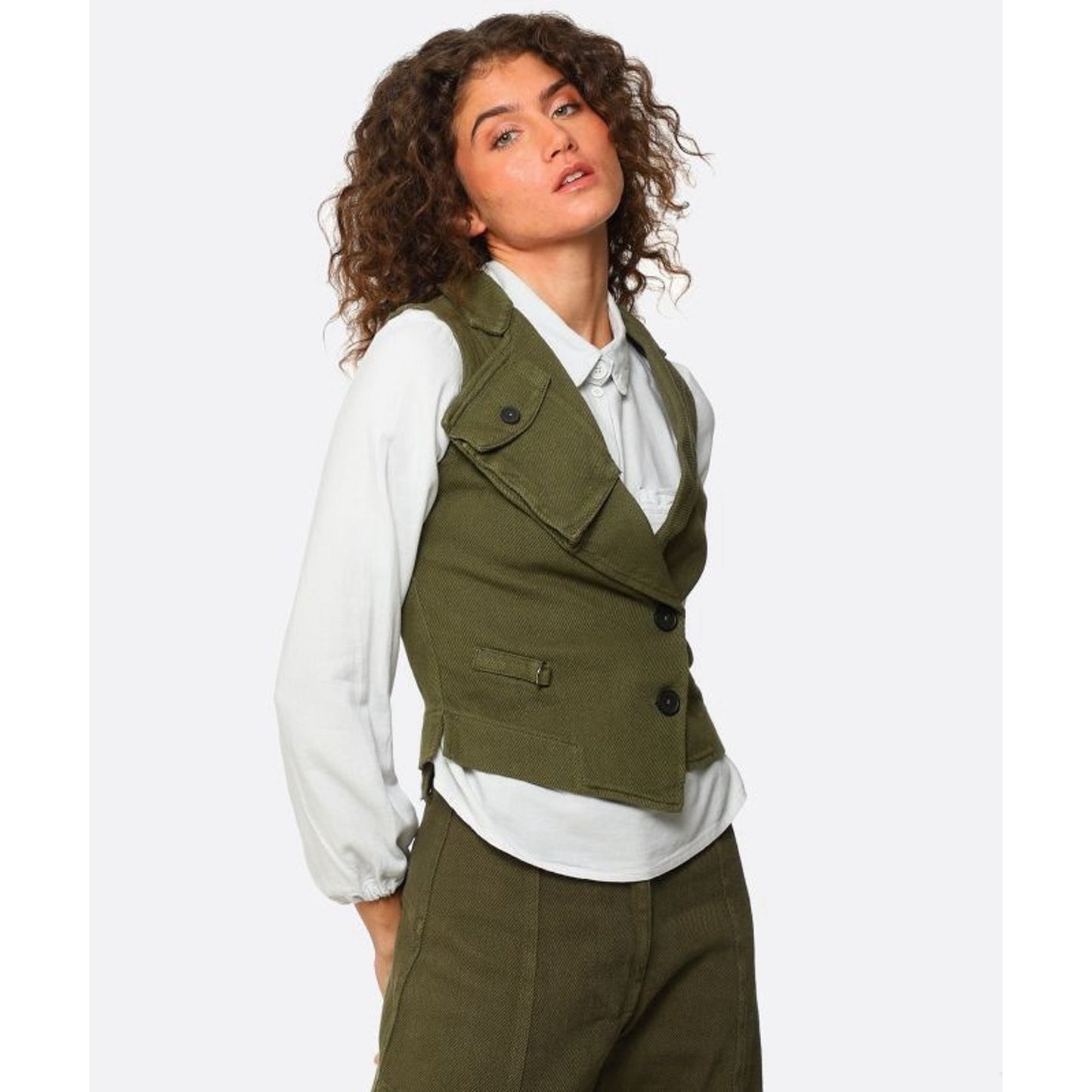 Lurdes Bergada Womens Vest (M) Utility Architectural Urban Lagenlook Green Twill