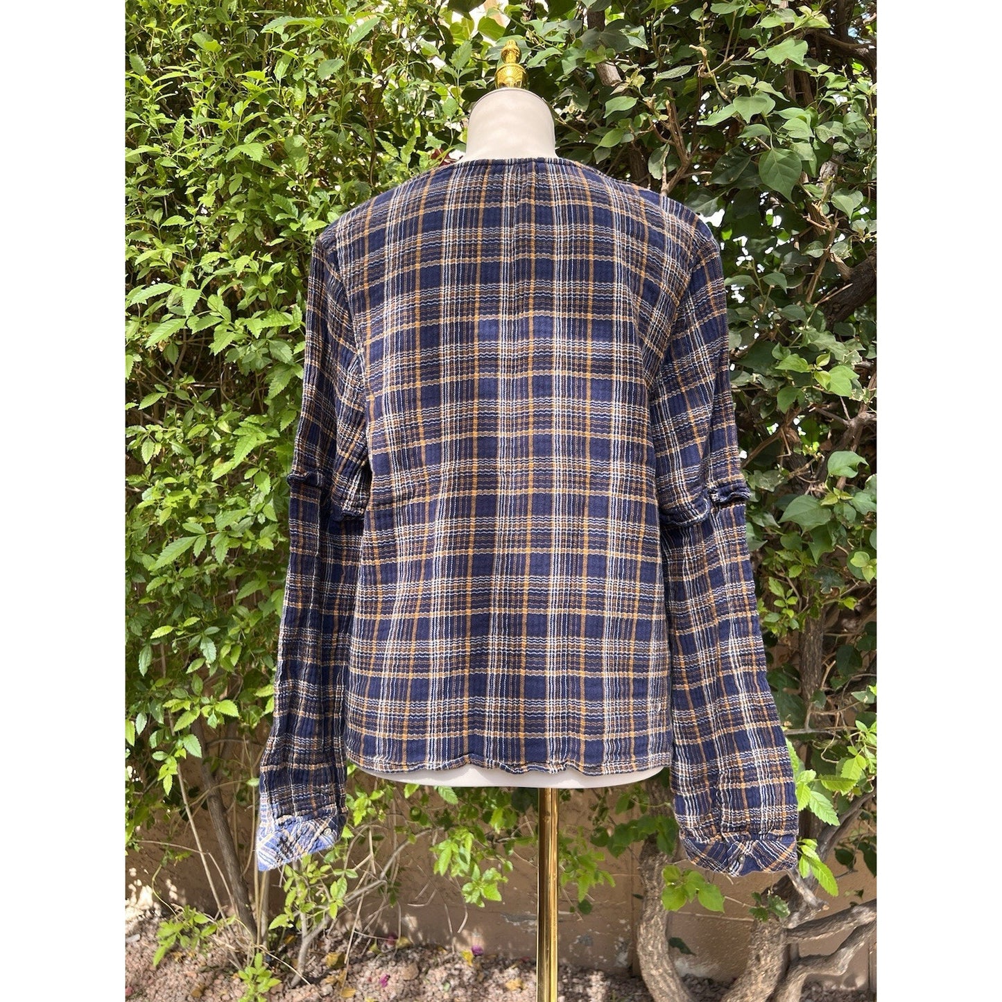 Madewell XXL Plaid V Neck Long Sleeve 100% Cotton Ruffle Blue Brown Top Shirt