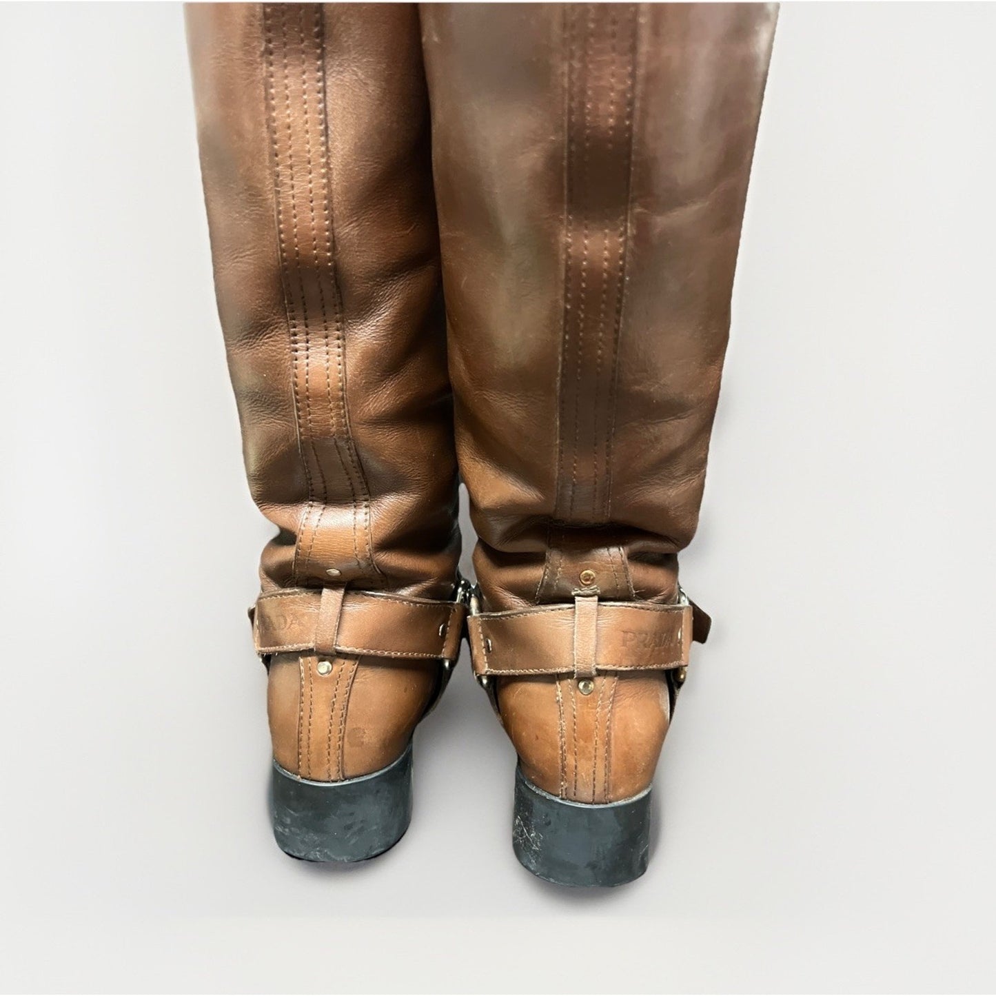 Prada Women’s 4911 Knee High Brown Leather Riding Boots Sz. 5 With Buckles