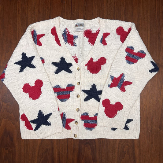 Vintage Walt Disney World (L) Cardigan Mickey Mouse Red Blue Chunky Knit Kitsch