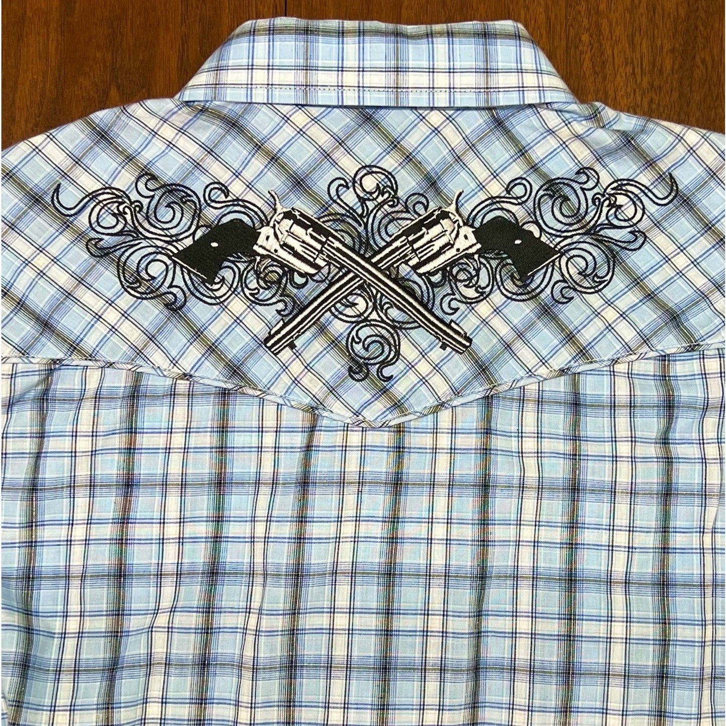 Roper 2XL Long Sleeve Button Up Blue Plaid Pistols Pearl Snap Retro Western