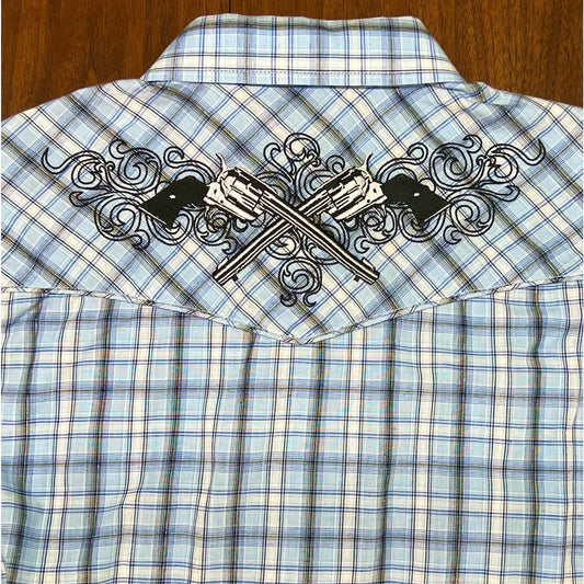 Roper 2XL Long Sleeve Button Up Blue Plaid Pistols Pearl Snap Retro Western