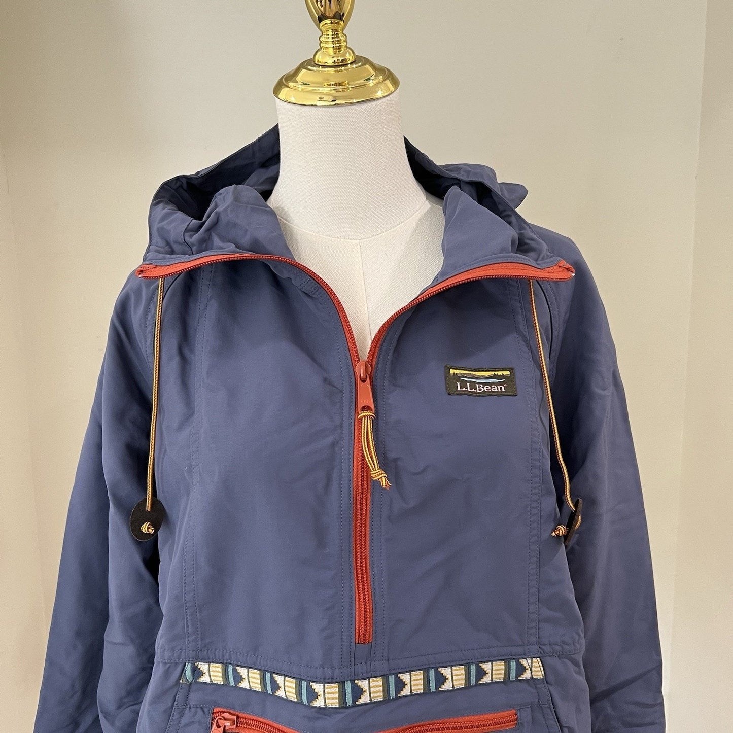 LL Bean Women (L) Anorak Windbreaker 1/2 Zip Hood Retro Coastal Aztec Gorpcore
