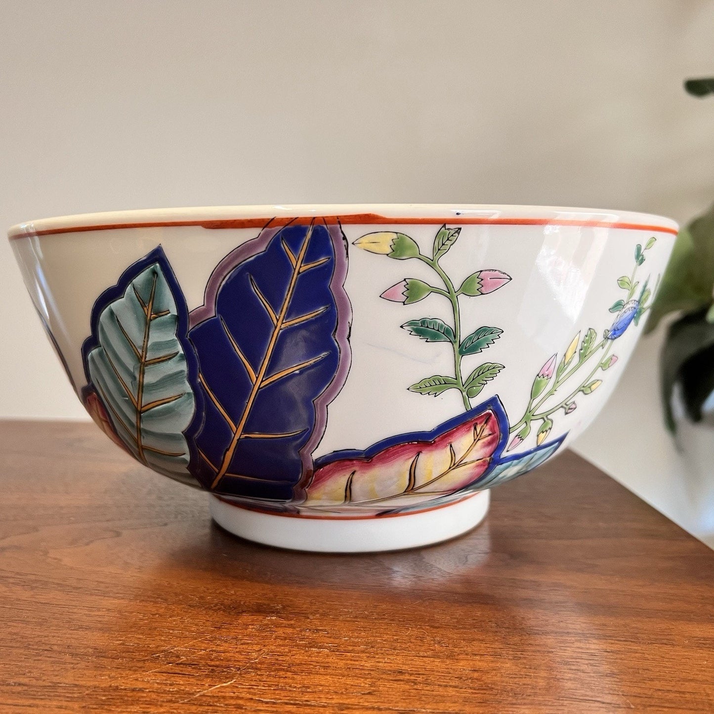 Chinese Export Tobacco Leaf Bowl 12x8” Chinoiserie Oriental Asian Hand Painted