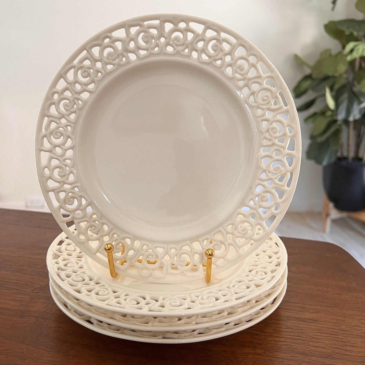 RARE Godinger Cream Lace 8” Set Of 4 Salad Dessert Plates *Perfect Condition*