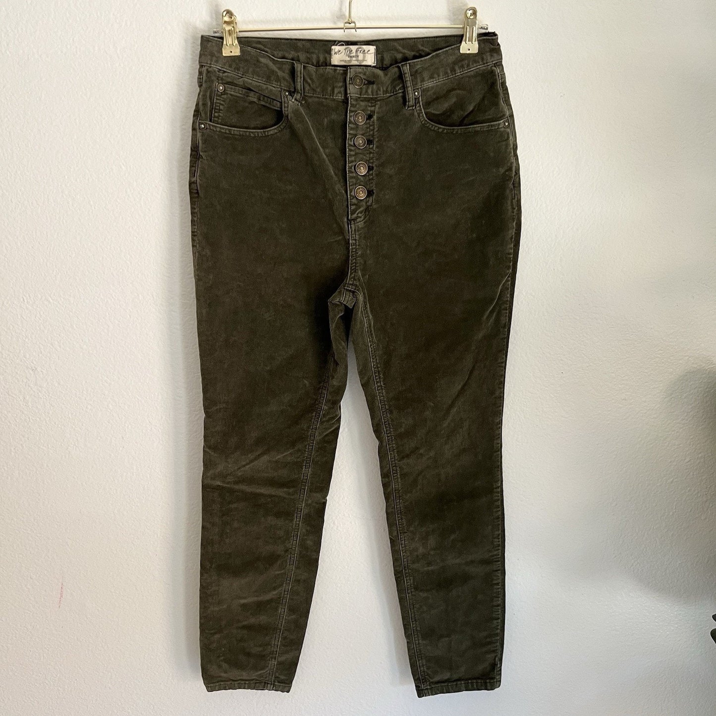 We The Free Free People Corduroy Button-Fly Green Stretch Skinny Jean Pant Retro