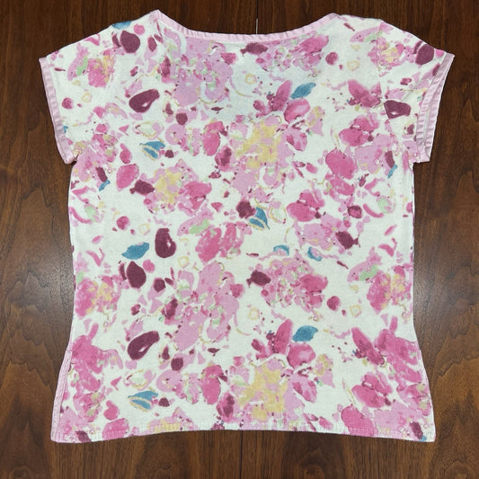St John Top (S) Satin Trim Watercolor Floral Short Sleeve