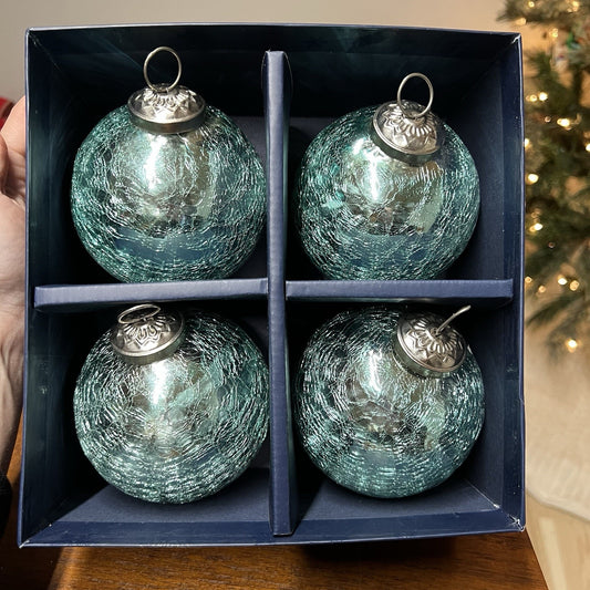 Set of 4 Mistletoe & Sailing Christmas Ornaments Coastal 4” Beach Crackle Glass