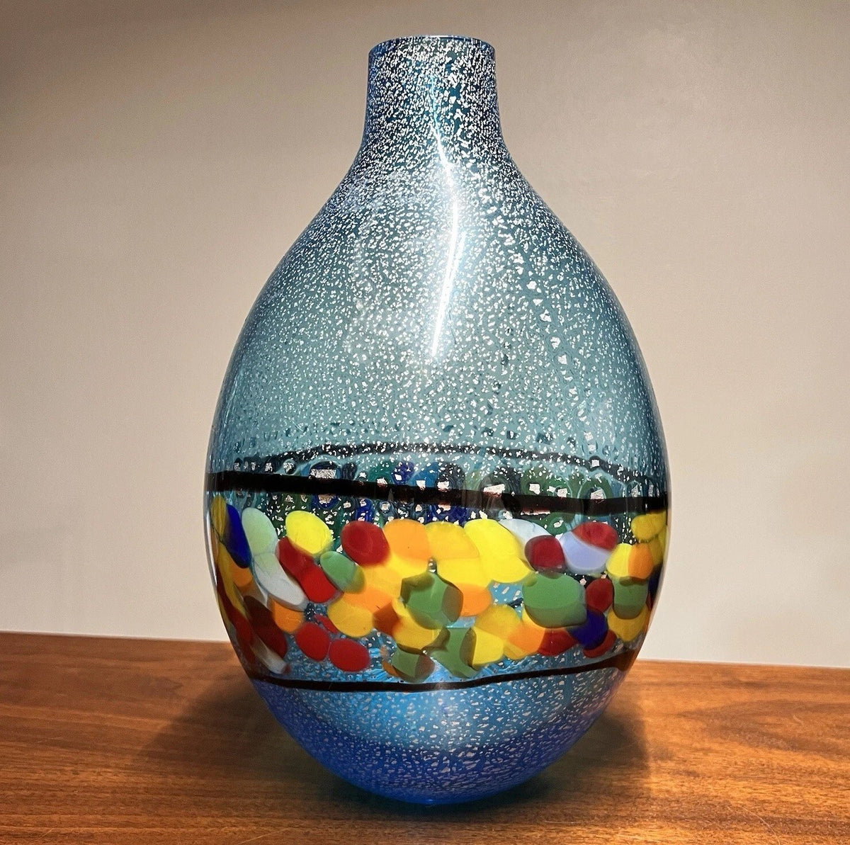 Authentic Murano Vase 13” Blue Incalmo Murrine Silver Sommerso Aventurina Label
