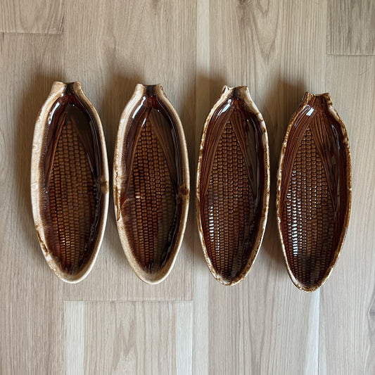 McCoy Pottery Corn Dish Holder Set 7316 Brown Drip Ceramic Vintage 4 Piece Serve