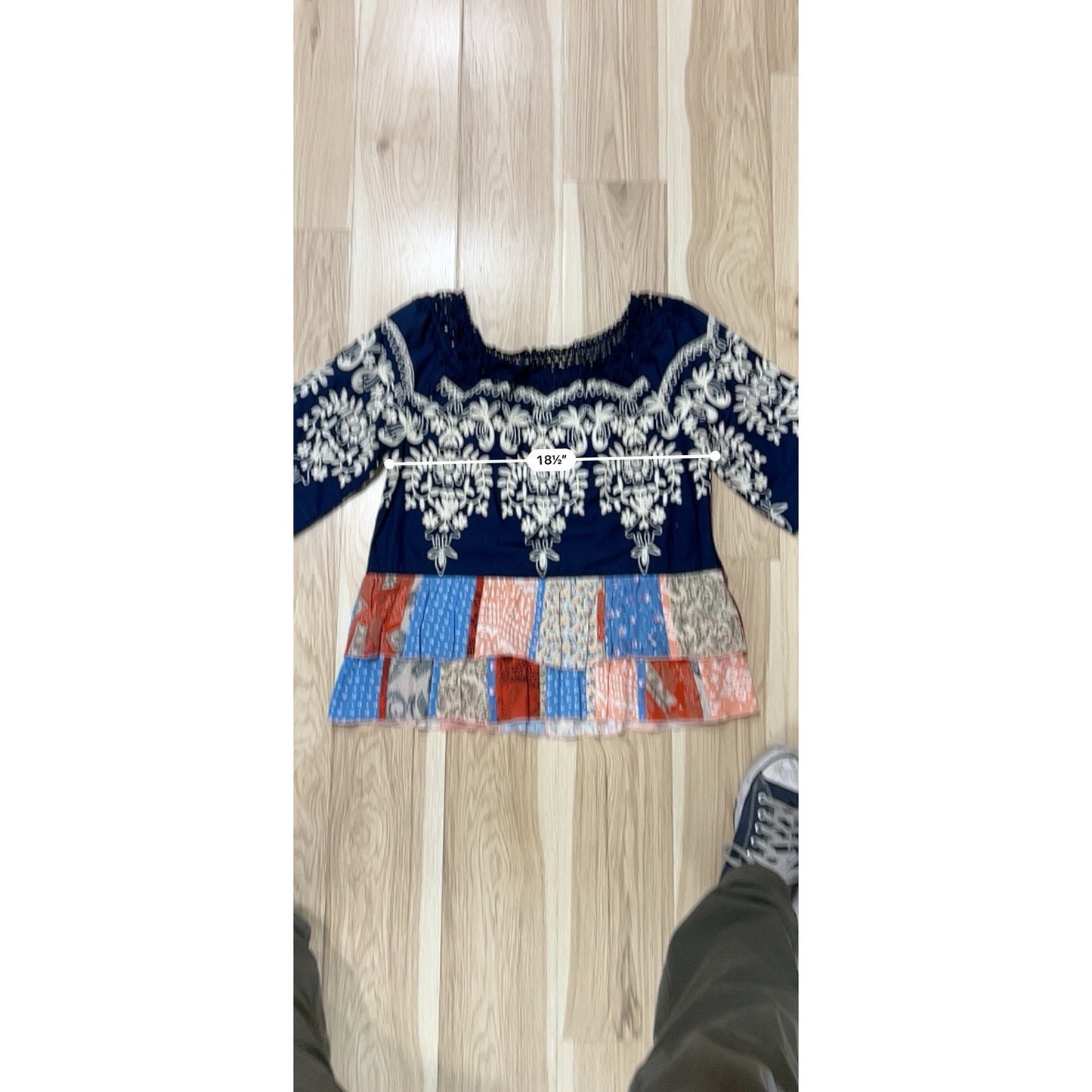John Mark Top Tunic Shirt (S) Ruffle Boho Peasant Patchwork Eyelet Mixed Media