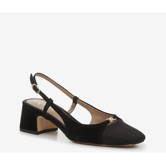 Sam Edelman Tarra 2 Sz 5 Suede/Fabric Sling Back Pump Low Block Heel Black Suede