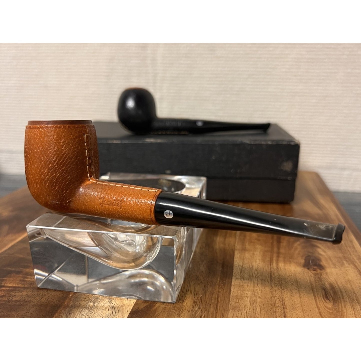 Vintage Jeantet 2 Pipe Set w/ Case Billiard Style Leather Clad Briar Bowls
