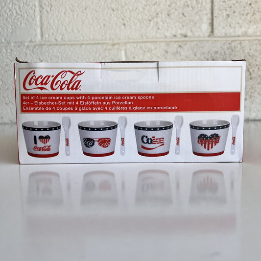 NEW Coca Cola Set of 4 Ice Cream Sundae Cup Bowl & Spoon Collector Gift American
