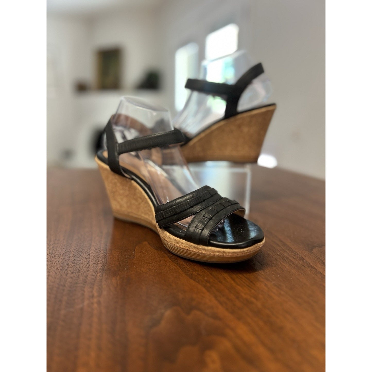Clarks Artisan Margee Beth Black Tan Leather Wedge Sandal Ankle Strap Size 10M