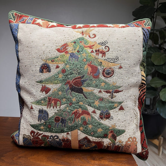 Laurel Burch Christmas Cat Tapestry Throw Pillow 18" Green Suede Back
