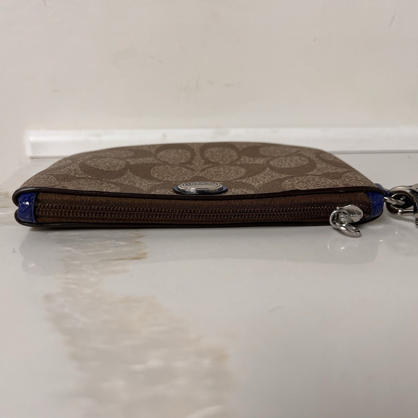 Coach Signature Wristlet Zip Pouch Wallet 6x4 Khaki Brown Navy Blue Clutch