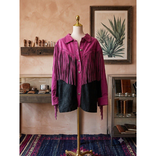 Vintage Bob Mackie Wearable Art Suede Fringe Jacket Purple Black Western Size 2X