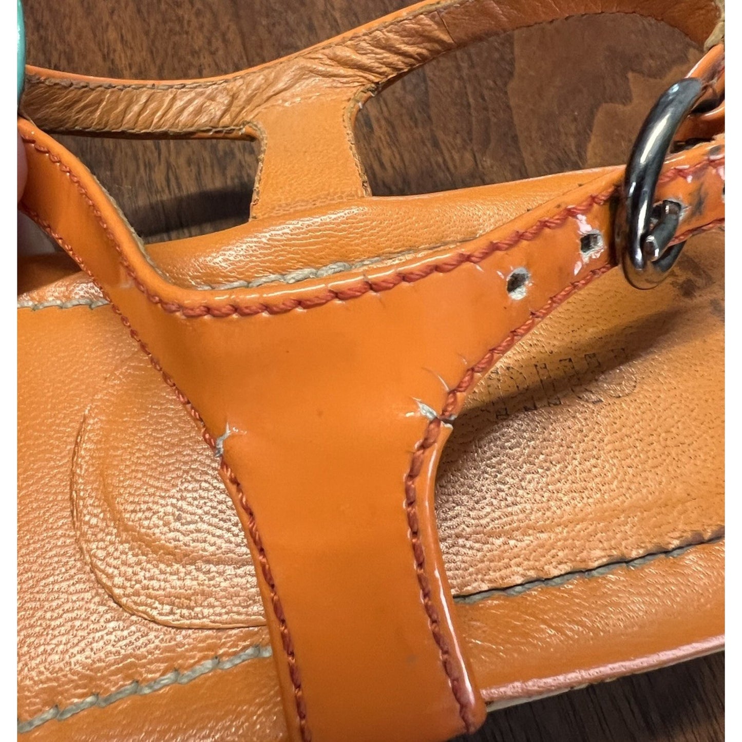 Miu Miu Orange / Teal 2” (aprx) Cork Wedge Women’s Size 5.5 Ankle Buckle Sandal