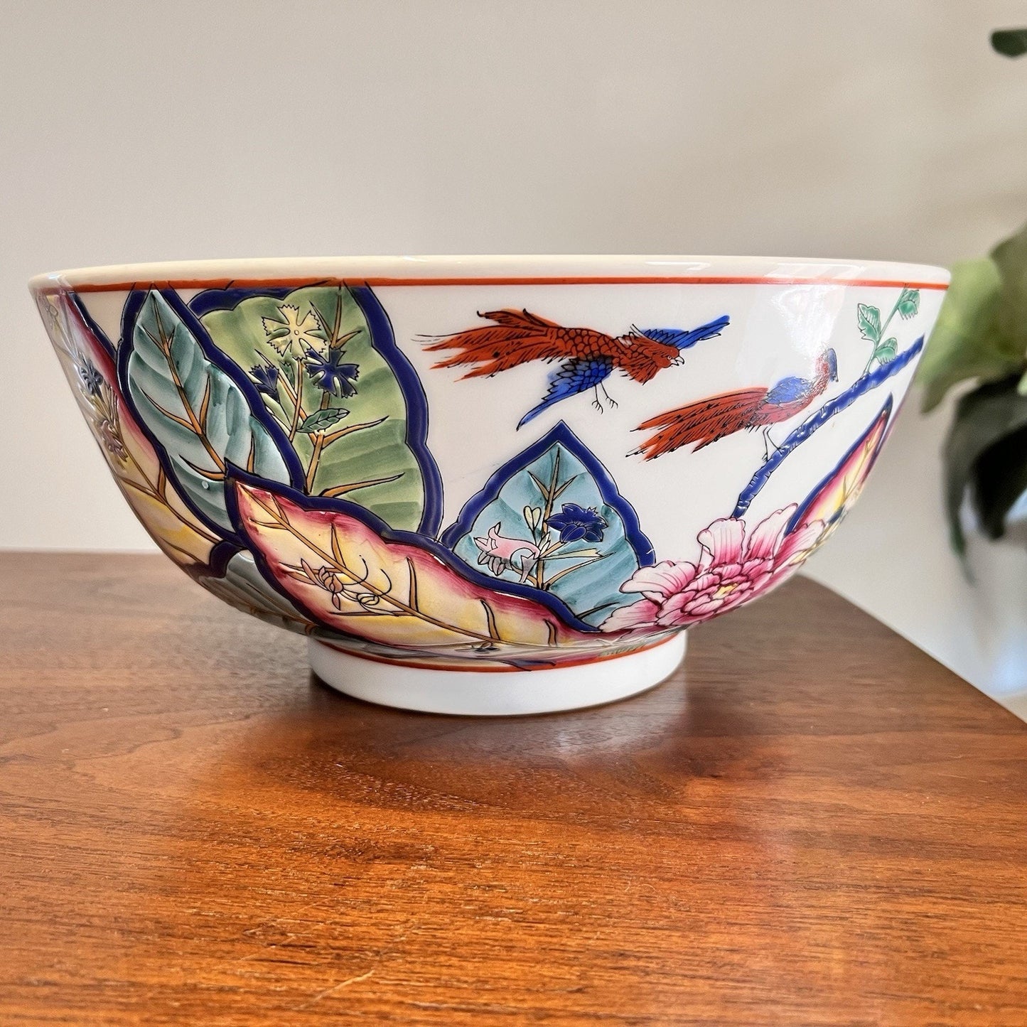 Chinese Export Tobacco Leaf Bowl 12x8” Chinoiserie Oriental Asian Hand Painted