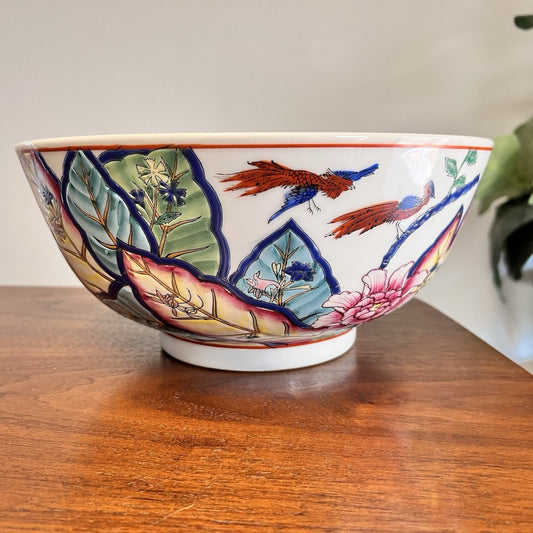 Chinese Export Tobacco Leaf Bowl 12x8” Chinoiserie Oriental Asian Hand Painted