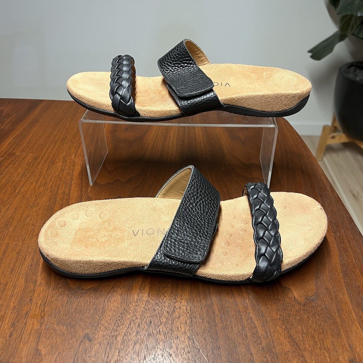 Vionic Jeanne 10 Leather Sandal Black Braided Slide Orthotic Adjustable Arch